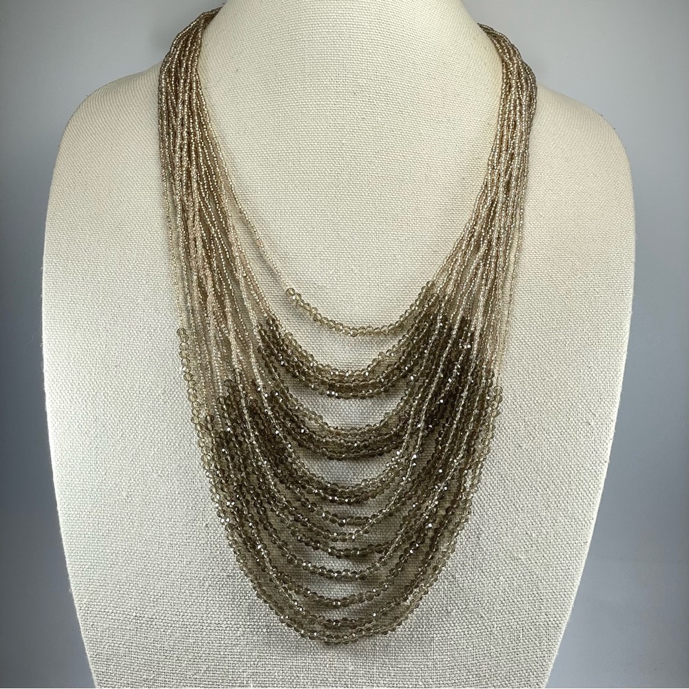 Stunning Bronze Tone White Smoke Glass Seed Beaded Multi Layer Long Necklace